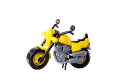 Yellow plastic motorbike toy isolated on white background