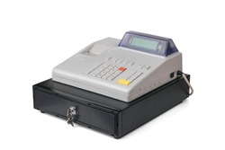 A large cash register for cash isolated on a white background. Retro mechanism for accounting for sales revenue.