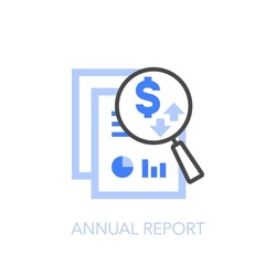 Annual report symbol with a document with charts and a magnifier. Easy to use for your website or presentation.