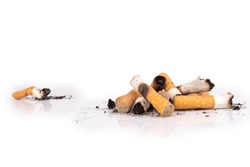 cigarette butts isolated on white background pile.