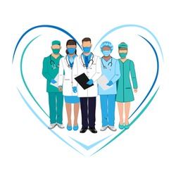 Set of characters of doctors in overalls. Thanks to the doctors. Stop the epidemic. Vector illustration on a white background.