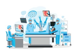 Modern operating room. Robotic Surgery. Medical equipment for surgical operations. Thank you doctors and nurses. Vector illustration in a flat style.