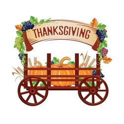 Happy Thanksgiving. Pumpkin harvest in an old wooden cart. Vector illustration isolated on white background for poster or flyer.