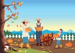 A happy family is harvesting pumpkins in their garden in an old wooden wheelbarrow. Happy Thanksgiving. Vector illustration in a flat style.