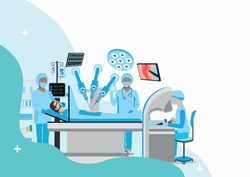 Modern operating room. Robotic Surgery. Medical equipment for surgical operations. Thank you doctors and nurses. Vector illustration in a flat style.
