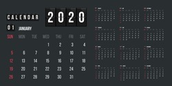 Calendar for 2020 year vector illustration. Basic grid colorful design. Organizer template in black, blue and red colors, Business planner, organizer with flipboard text and numbers layout