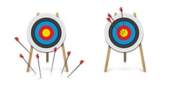 Hitting and missed target with archery arrow set. Goal achievement and strategical planning. Success and failure. Dartboard with point mark on tripod. Flat cartoon design. Vector illustration