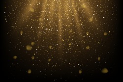 Golden glitter and sparkles in sun rays background. Yellow lines in shiny light vector illustration. Bright dust sparkling on black wallpaper design. Christmas or holiday card decoration.