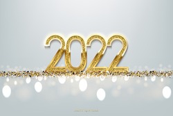Happy New Year banner vector template. Winter holiday, Christmas congratulations. Festive postcard, luxurious greeting card concept. Gold 2022 number with golden glitter illustration with text space