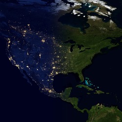 City lights on world map. North America. Elements of this image are furnished by NASA