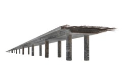 Angle view of an endless unfinished reinforced ferro concrete bridge with iron wire rods sticking out and many pillars in perspective isolated on white