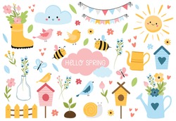 Hello Spring set with lettering, birds, bees, flowers, birdhouses, sun, and other. Hand drawn, cartoon style vector illustration isolated on white. For kids cards,web, poster, invitation, sticker kit.