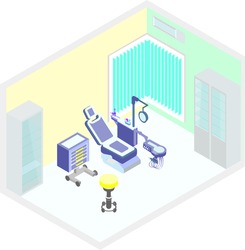 
vector , isometric drawing, which shows a medical, dental office furniture and tools