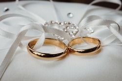 photo of two wedding rings in a ribbon