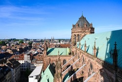Strasbourg, France: Panoramic view of the city center. Catholic Cathedral of Our Lady of Strasbourg. 