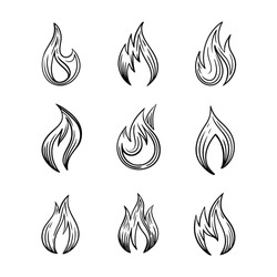 Fire icons with and spurts of flame Vector set of monochrome signs in ink hand drawing sketching style for tattoo or print design