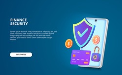 financial security payment concept. Modern illustration with glow screen and gradient color. shield, padlock, coin, credit card 3D with smartphone. landing page illustration