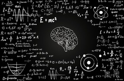 Blackboard inscribed with human brain and scientific formulas and calculations in physics and mathematics.  illustrate scientific, genious, thinking, ideas quantum mechanics, relativity theory