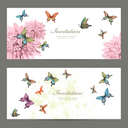 collection invitation cards with butterflies. watercolor painting. vector illustration