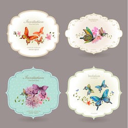 collection retro label with butterflies. watercolor painting. vector illustration