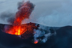 Stromboli Volcano eruption on the small island near Sicily in the Tyrrhenian Sea, Italy