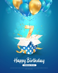 Celebration of 7 th years birthday vector 3d illustration. Seventh years anniversary celebrating. Open gift box with number seven flying on balloons on blue background