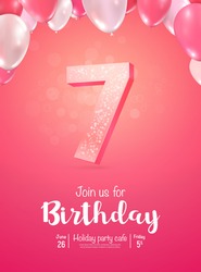 Celebrating of 7 years birthday vector 3d illustration on soft background. Seven years anniversary celebration and open gift box with balloons poster template