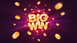 Big win gold text on retro red board vector banner. Win congratulations in frame illustration for casino or online games. Explosion coins  on purple background.