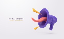 Digital marketing vector illustration. Megaphone with human tongue social media marketing banner template. Purple 3d cartoon loudspeaker on light background