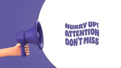 3d cartoon hand holding megaphone social media marketing vector illustration. Promotion advertising purple 3d loudspeaker