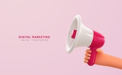 3d cartoon hand holding megaphone social media marketing vector illustration. Promotion advertising loudspeaker.
