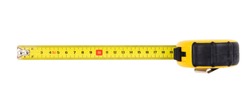 Yellow measuring tape isolated cut out on white background, top view