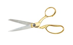 Open pair of tailor scissors with gold handle isolated on white background, top view