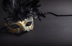 Carnival time. Venetian mask with feathers on black background, copy space
