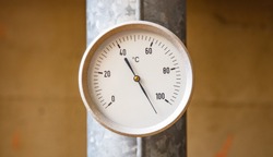 Industrial thermometer, Temperature gauge control, celsius scale, old, dial, blur industrial background