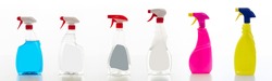 Cleaning spray bottles isolated against white background. Chemical detergents products set, Domestic household collage or business sanitary cleaning