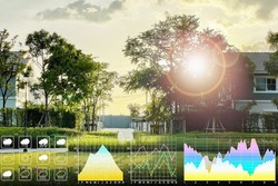 Weather forecast symbol data presentation with graph and chart for meteorology forecast with bright sunset twilight sky and beautiful environment of outdoor park background.