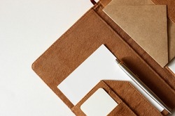 Minimal Design Office Desk Mockup. Papers Folder with Blank Envelopes and Paper Stationery.