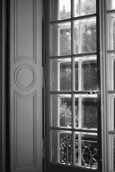 Paris Art Museum Interior Architecture. Large Window with Wooden Shutters Closeup. 