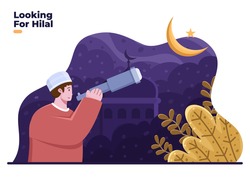Muslim searching the new moon or hilal with telescope or binocular, hilal is signals start of the Islamic holy month of Ramadan fasting. Looking for hilal or Crescent moon. Ramadan tradition.