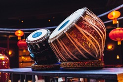 ethnic indian musical instrument tabla in the interior of the chill-out