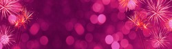 Silvester Party Festival New Year background banner panorama long greeting card template - Festive pink firework and bokeh lights isolated on dark magenta night sky, with space for text