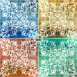 Seamless old aged weathered grunge colorful vintage worn shabby patchwork motif tiles stone concrete cement wall texture background square with ornate floral flower leaf print