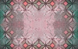 Pink green old aged worn cement concrete stone tile wall wallpaper texture, with rhombus rue diamond square print, shabby vintage retro background