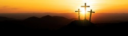 Easter background banner panorama religious greeting card Crucifixion and Resurrection. Three crosses of Golgotha by sunset. 