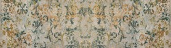 Old green yellow vintage shabby damask patchwork tiles stone concrete cement wall texture background banner panorama