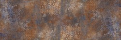 Old brown gray rusty vintage worn geometric shabby mosaic ornate patchwork motif porcelain stoneware tiles stone concrete cement wall texture background banner panorama
