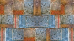 Old orange blue rusty vintage worn geometric arabesque shabby mosaic ornate patchwork motif porcelain stoneware tiles stone concrete cement wall texture background