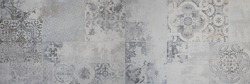 Old gray grey vintage worn geometric shabby mosaic ornate patchwork motif porcelain stoneware tiles stone concrete cement wall texture background banner panorama