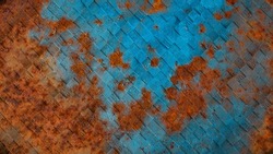 Abstract blue orange rusty spotty dirty grunge weathered old aged metal steel cubes blocks wall texture - 3D rendering background rust